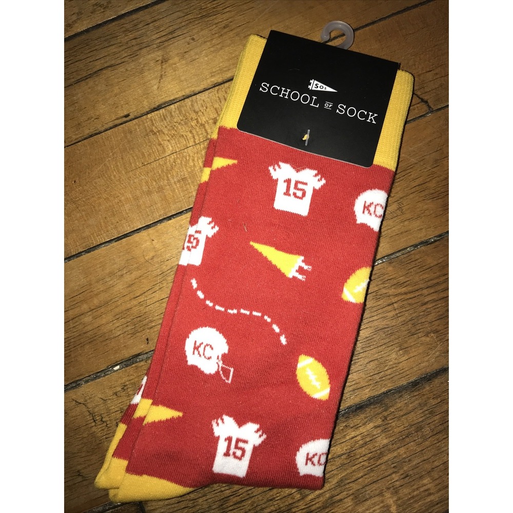 School Of Sock KC15 Football Crew Socks Red Yellow Mens Medium Patrick Mahomes